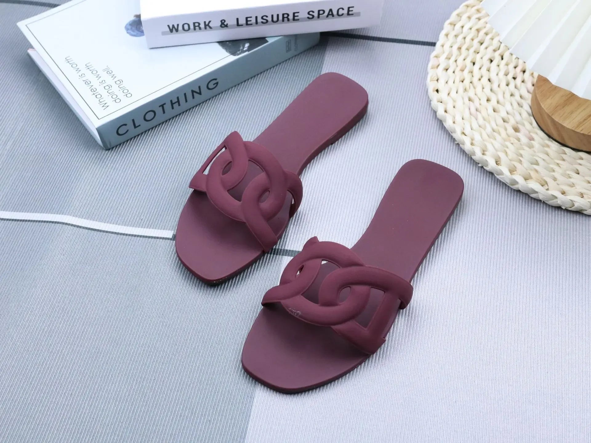 Summer women's one-word sandals daily leisure shopping beach wear flat shoes versatile solid color hollow