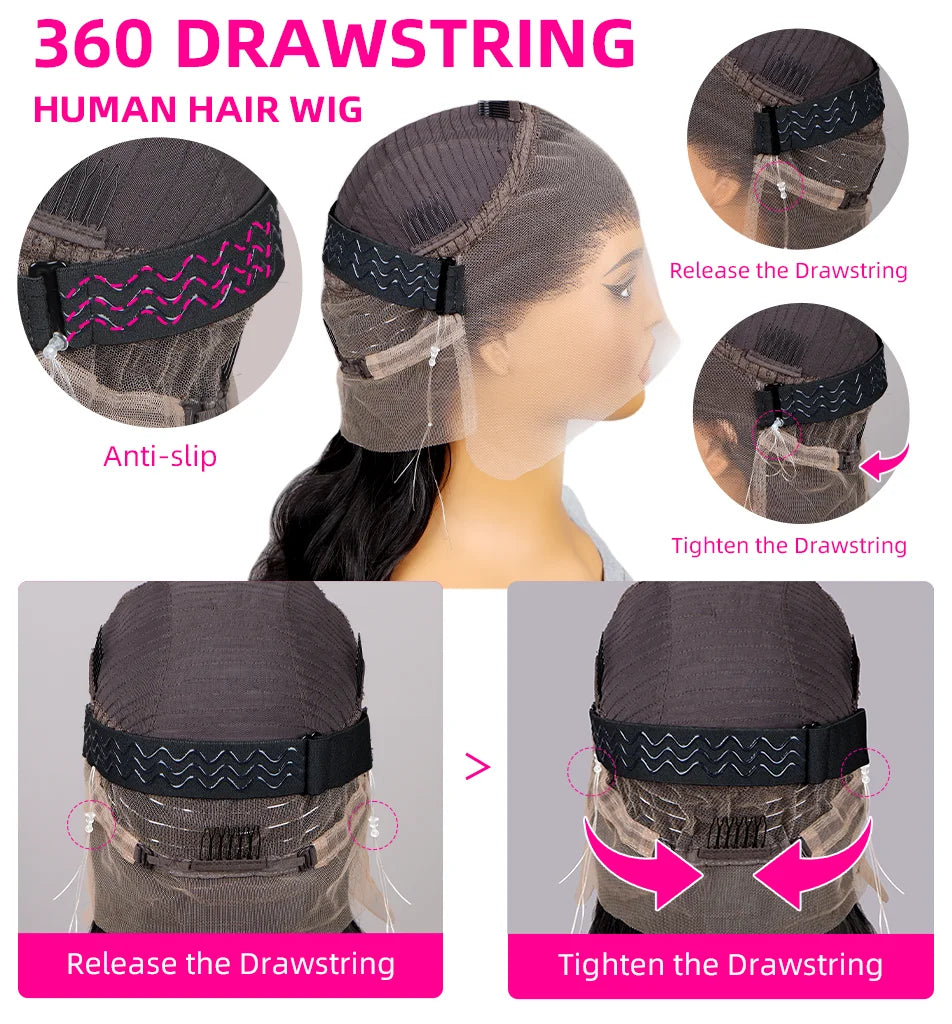Hidden Strap Deep Wave 360 HD Full Lace Frontal Wigs Human Hair Pre Plucked 12A Glueless Brazilian Virgin Wig With Drawstring