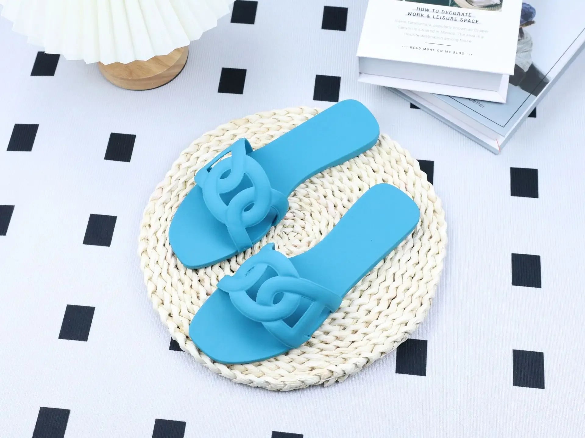 Summer women's one-word sandals daily leisure shopping beach wear flat shoes versatile solid color hollow
