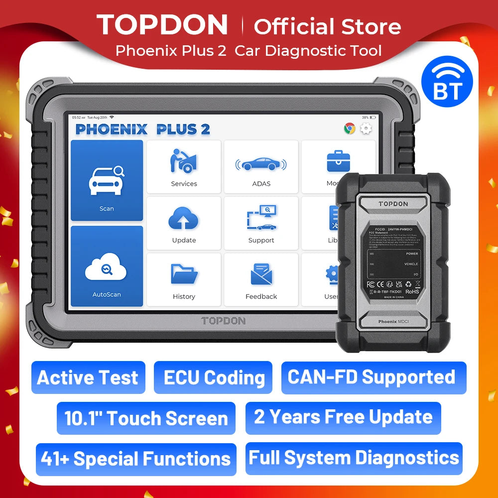 Topdon Phoenix Plus 2 Automotive Car Diagnostic Tool ECU Coding Scan VAG Bi-Directional Professional OBD2 Scanner Active Test
