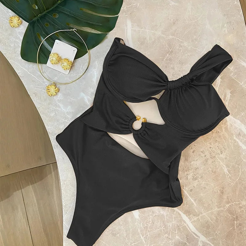 European and American One-shoulder Twisted Swimsuit One-piece Bikini Steel Support Gathered Hollow Metal Buckle Solid Color