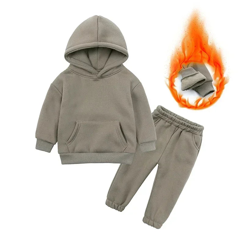 Children Fleece Winter Outfit Toddler Cotton Solid Hoodies Pullover Sweatshirt Pants Tracksuit Set Kids Boy Girl Warm Sweatsuits