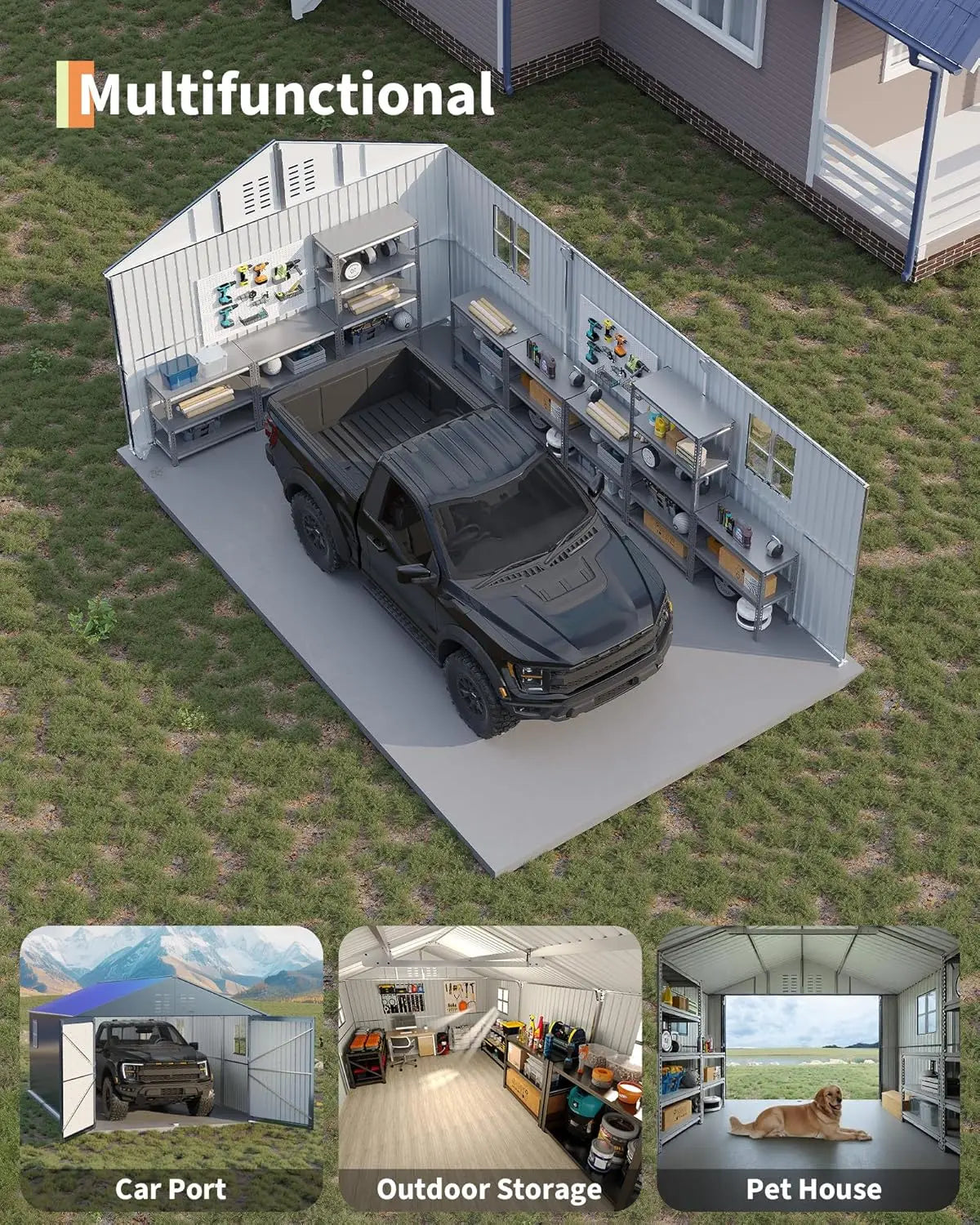 12x20 FT Enclosed Metal Carport Reinforced Frame Steel Roof All-Weather Full-Sized Pickup Truck Garage Shed, Customized