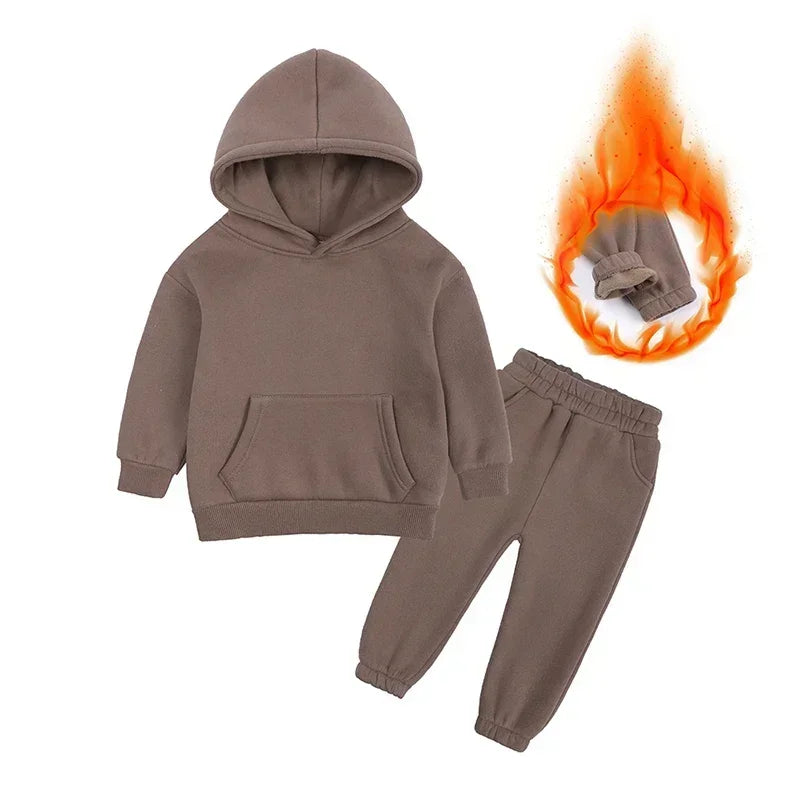 Children Fleece Winter Outfit Toddler Cotton Solid Hoodies Pullover Sweatshirt Pants Tracksuit Set Kids Boy Girl Warm Sweatsuits