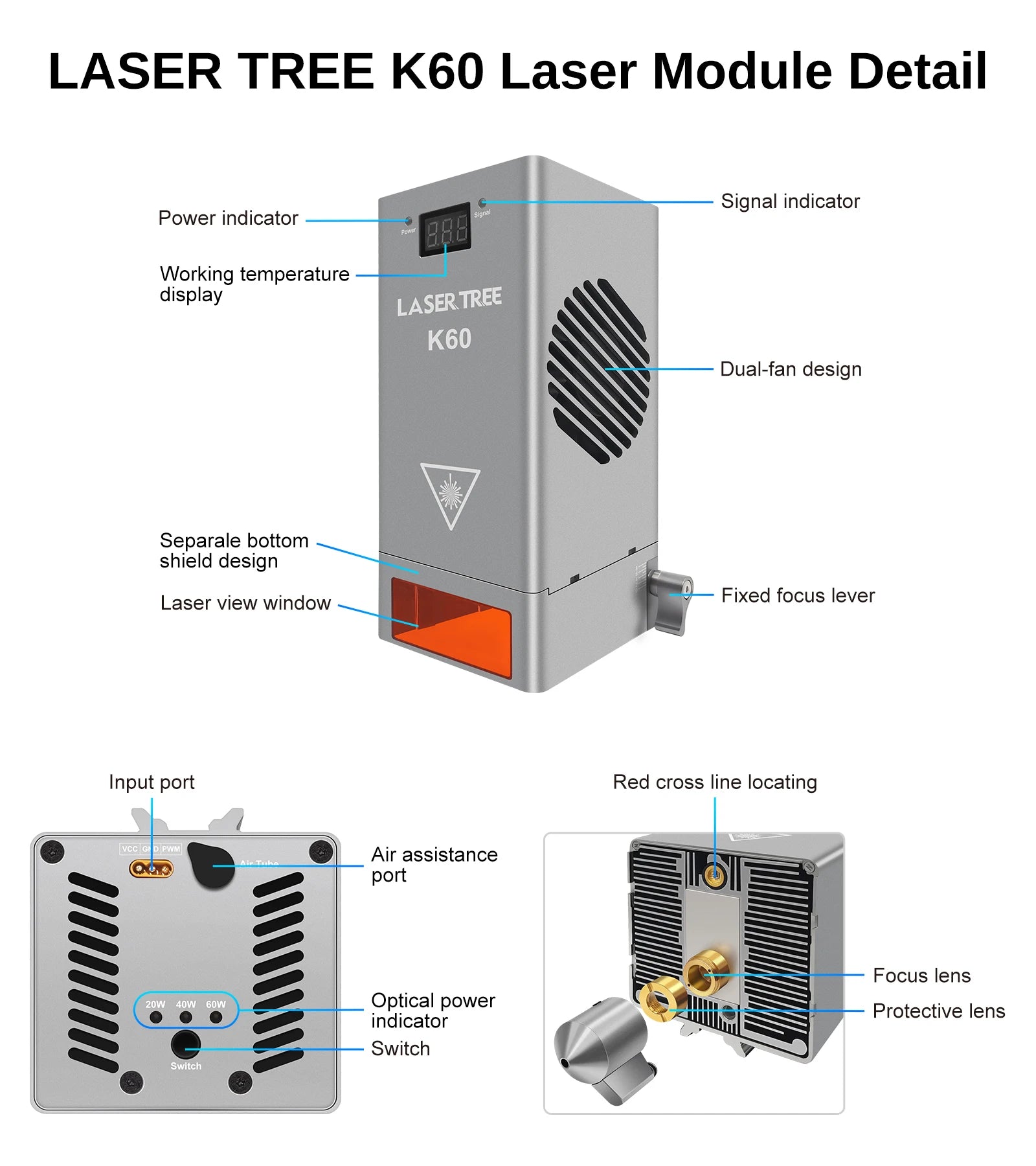 LASER TREE K60 Optical Power 60W Laser Head Adjustable 20W/40W Power Module For CNC Laser Engraver Cutting Woodworking DIY Tools