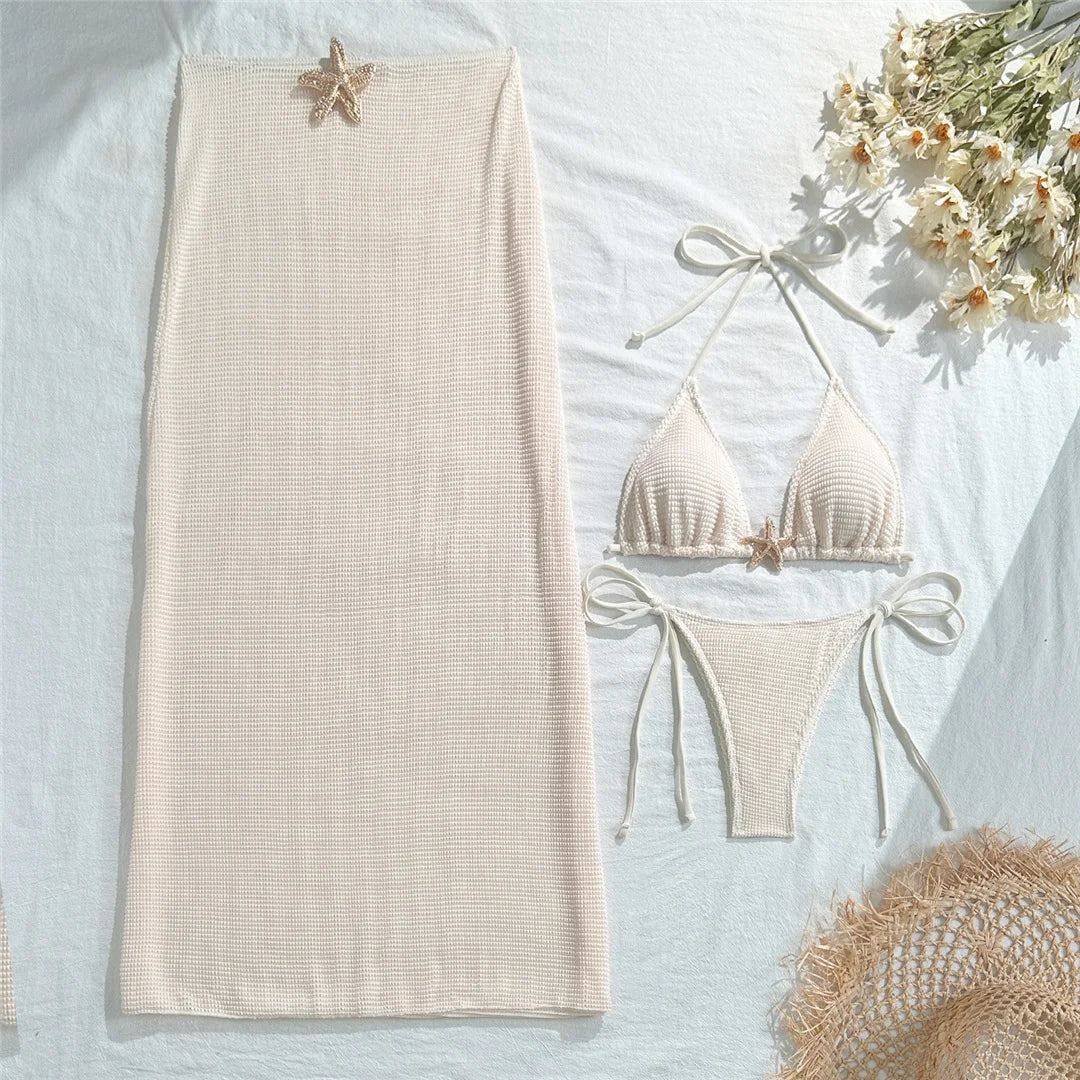 Metal Star Halter With Skirt Bikini Female Swimsuit Women Swimwear Three-pieces Bikini set Padded Bather Bathing Suit Swim V6740