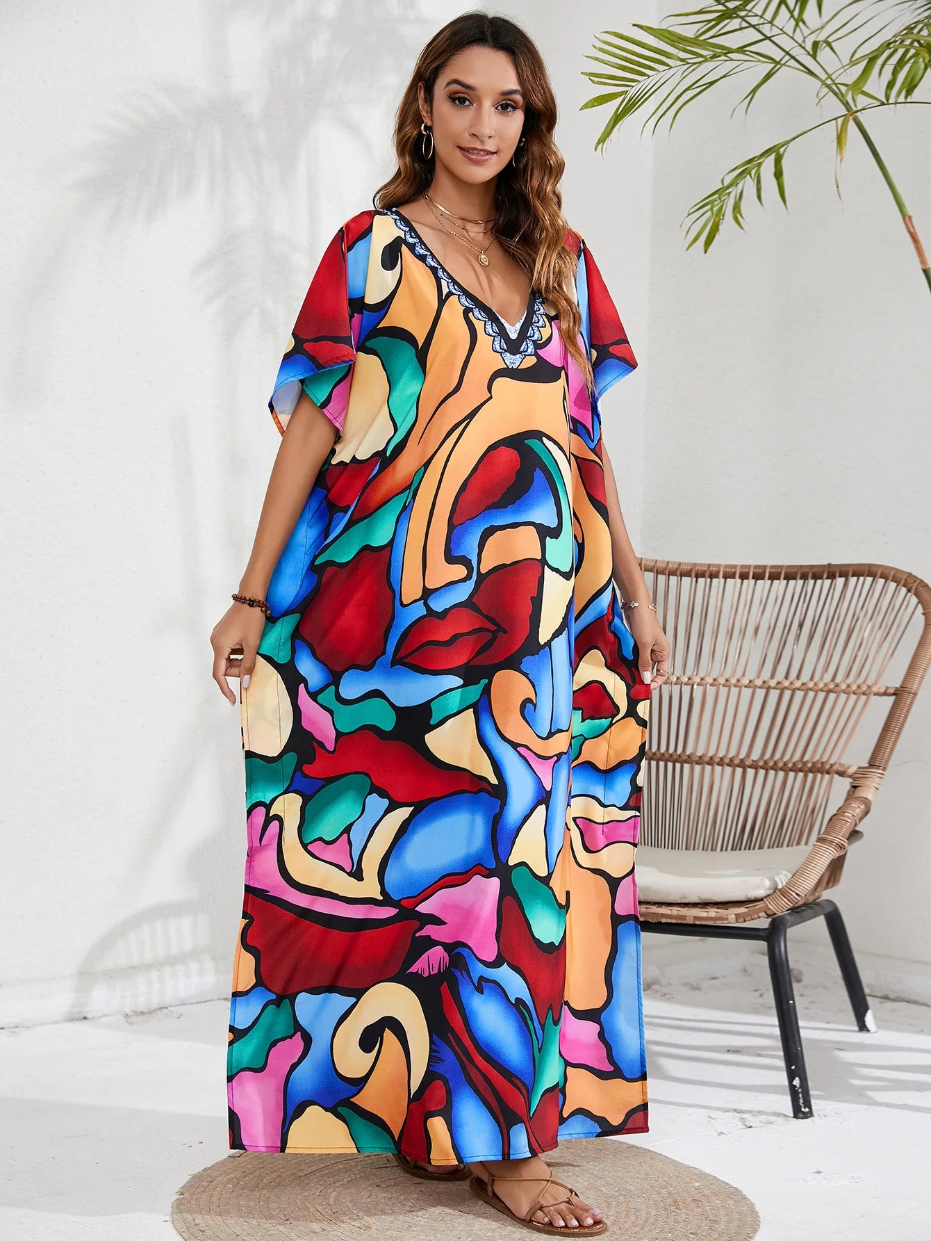 Kaftan Dresses for Women Plus Size Tie Dye Batwing Sleeve Caftans Swimsuit Coverup Maxi Dress Loungewear