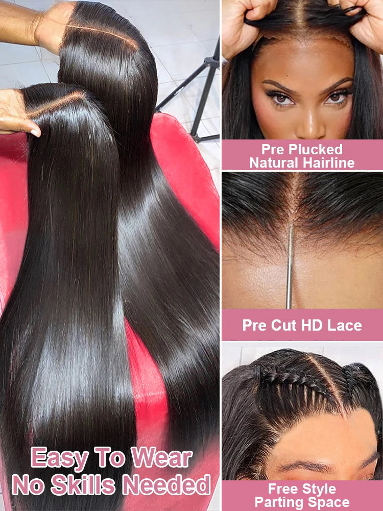Mossily Bone Straight Wigs Human Hair 13x6 HD Lace Frontal Wig 40 42 Inch 100% Raw Hair Remy 5x5 Closure Glueless Natural Black