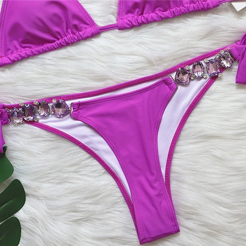 Red Rhinestones Sexy Bikinis 2026 Women Swimwear Female Swimsuit Swim Wear Bathing Suits Brazilian Bikini Set Beach Pool Bather
