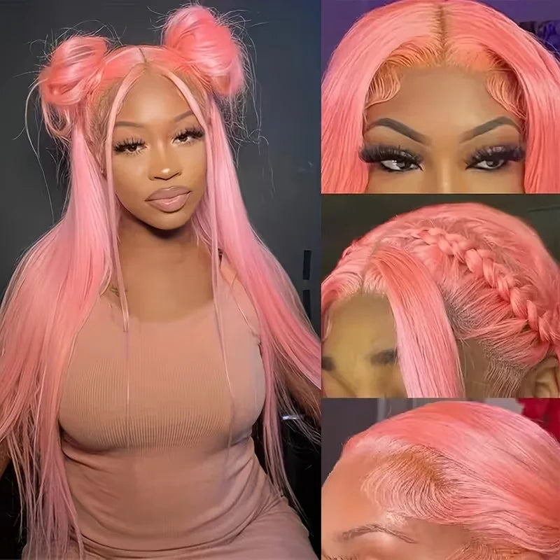Pink Straight Human Hair Wigs 13X4 13X6 Hd Lace Frontal Wigs 32 36 Inch 220% Density Brazilian Human Hair Preplucked For Women