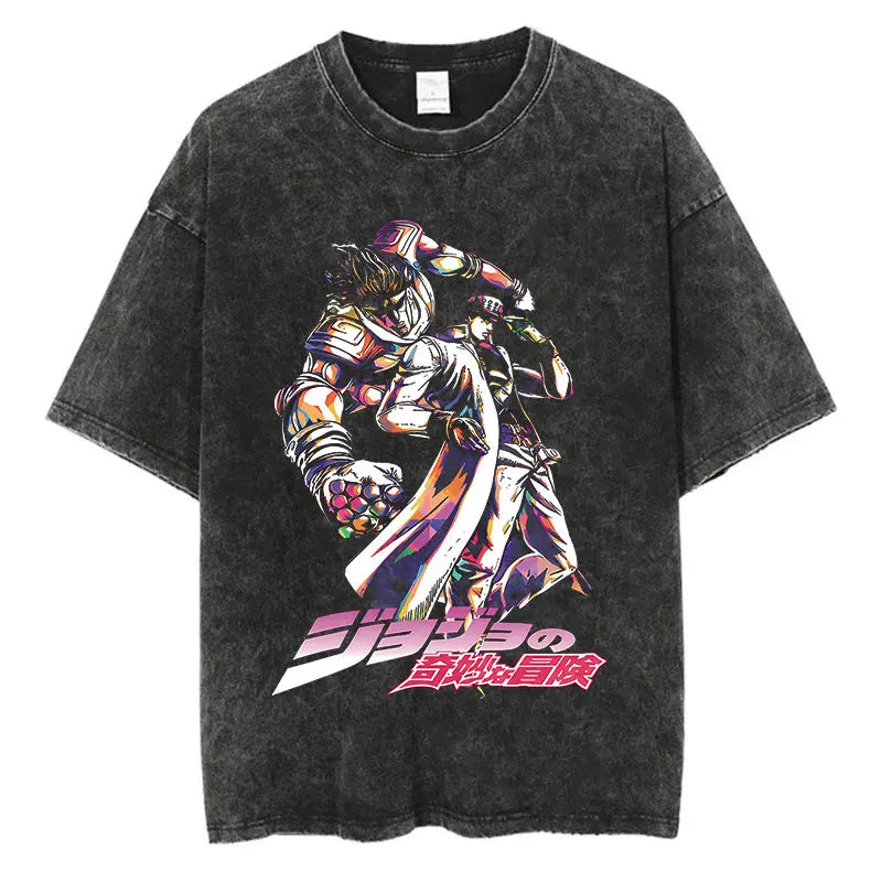 Vintage Washed TShirt Men Summer Hip Hop Streetwear T-shirt JoJo Bizarre Adventure Anime Print Cotton Casual Short Sleeve Tshirt
