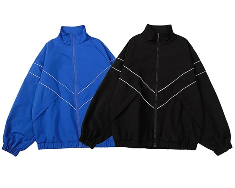 Reflective Striped Men's Jacket 2026 Hip Hop Streetwear Coats Zipper Up Jacket Windbreaker Harajuku Thin Coats Sports Black Blue