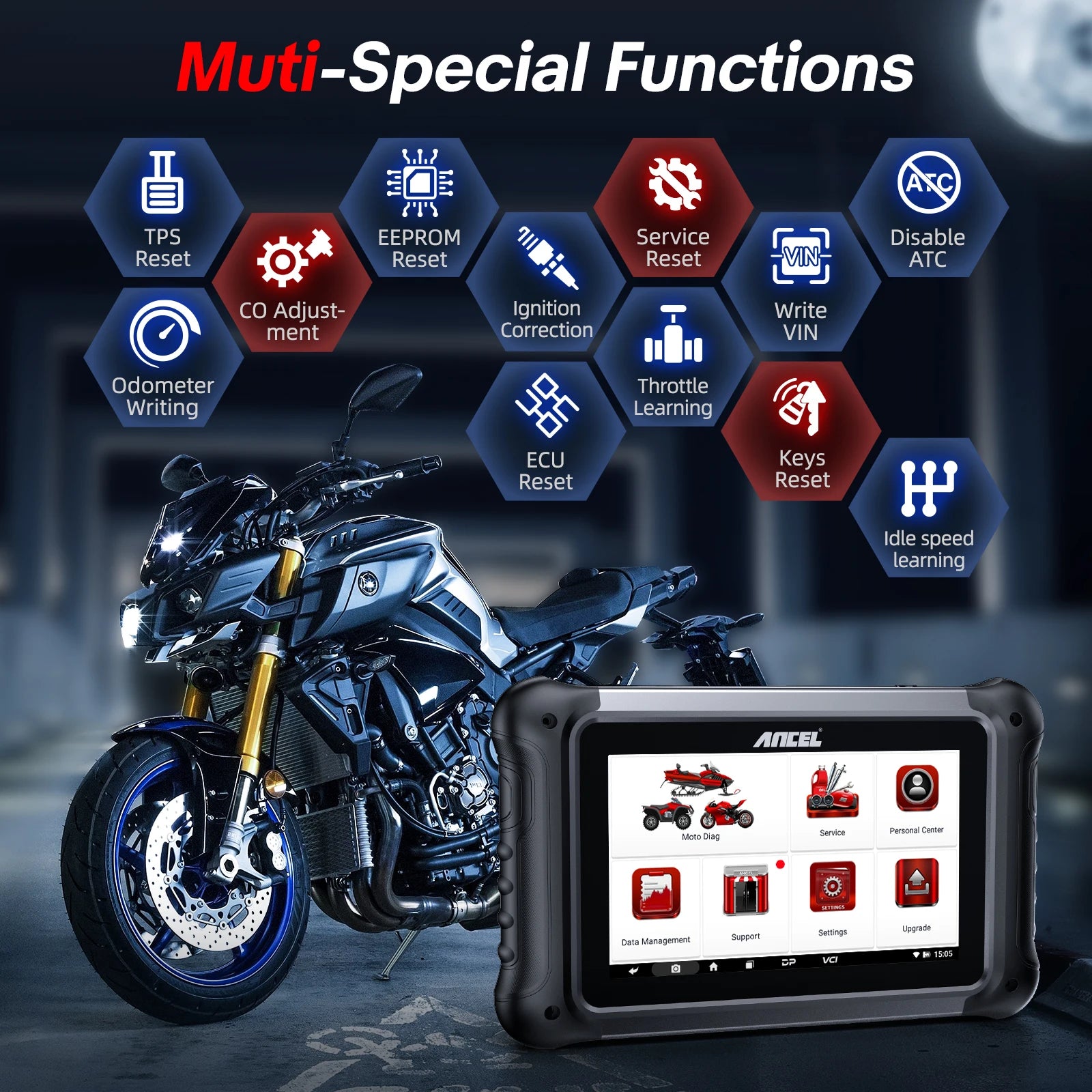 ANCEL MT700 OBD2 Motorcycle Scanner Full System Diagnostic Tool Oil Reset ABS Bleeding ECU Coding Active Test for Motorcycle