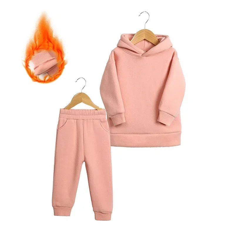 Children Fleece Winter Outfit Toddler Cotton Solid Hoodies Pullover Sweatshirt Pants Tracksuit Set Kids Boy Girl Warm Sweatsuits