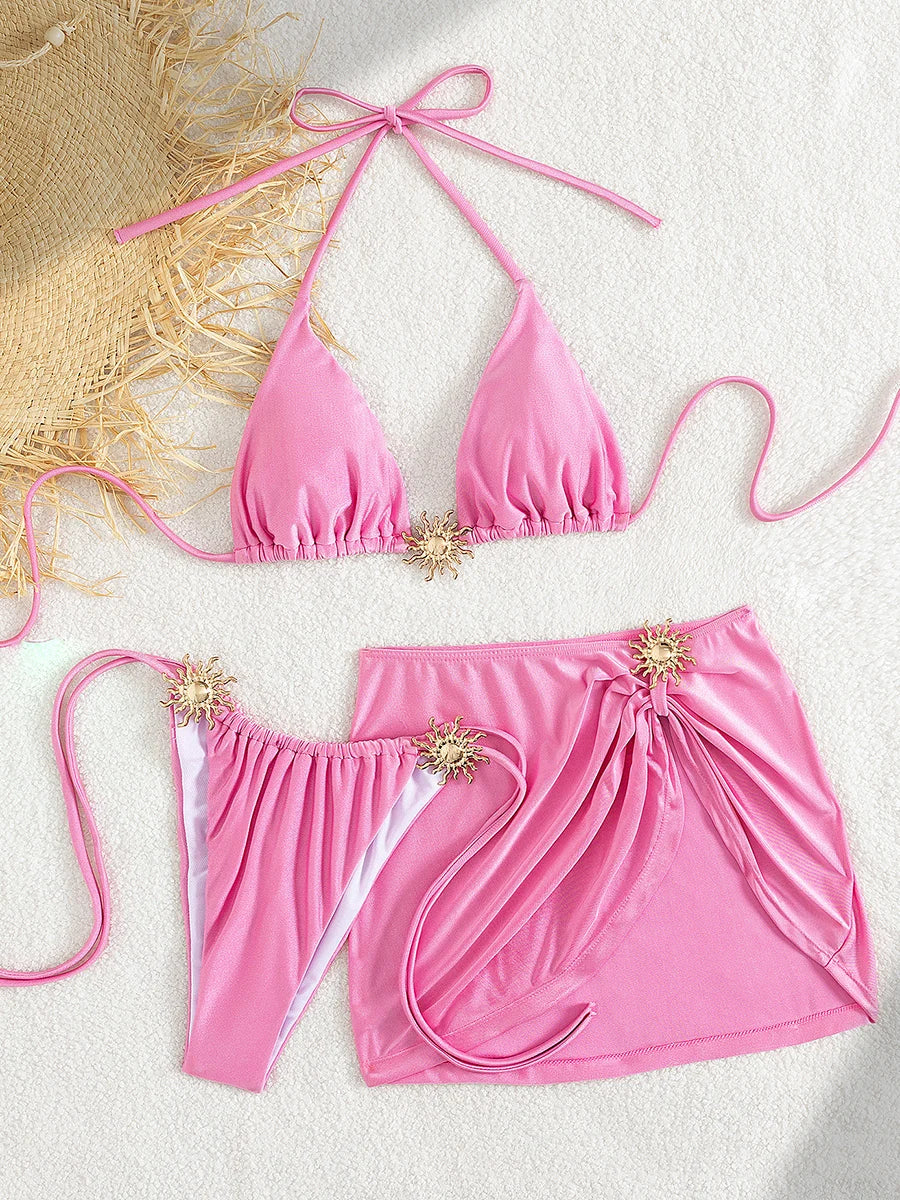 3 PCS with Skirt Halter Strappy Bikini Female Swimsuit Women Swimwear Three-pieces Bikini Set Bather Bathing Suit Swim Beachwear
