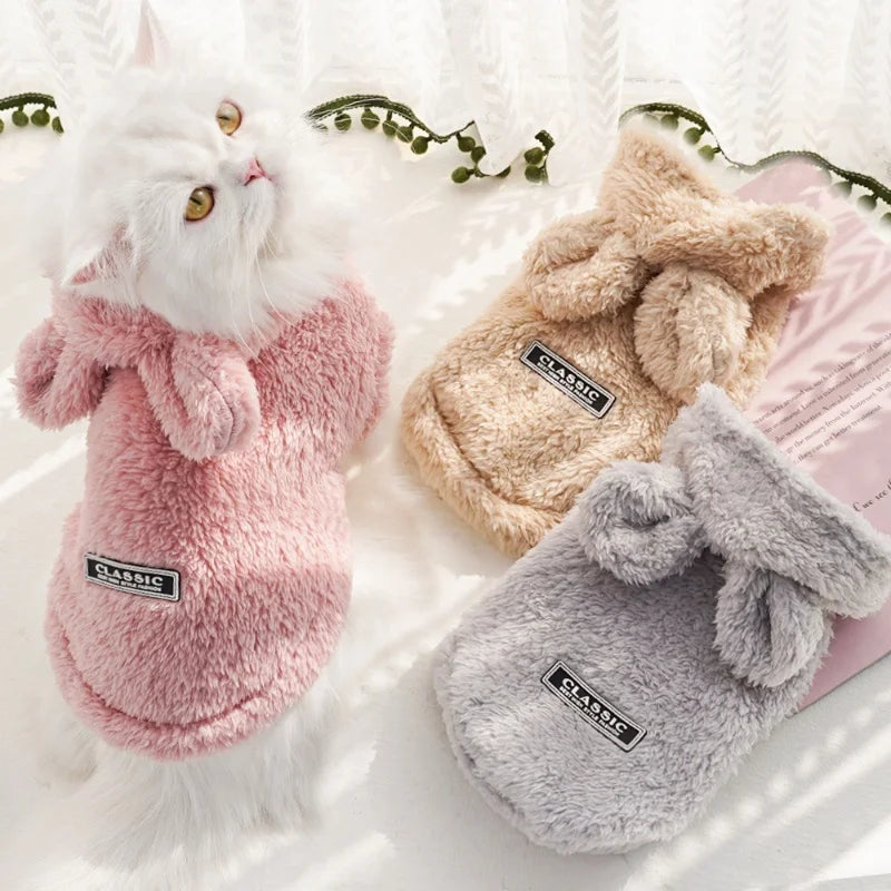 Fashion Plush Dog Hoodies Coat Winter Warm Dog Clothes Rabbit Pattern Cat Jacket Cute Solid Puppy Hoodies Bichon Pet Jacket Coat