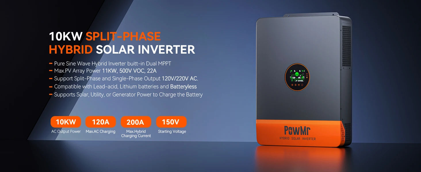 PowMr 10KW 48V DC to 120V/240V AC Split-Phase Pure Sine Wave Hybrid Inverter Built-in 200A MPPT Solar Charge Parallel Max 6 Unit