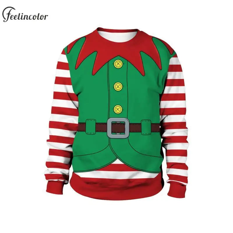 Men Christmas Elf Sweatshirts Red Green Genie Graphic Pullover 3D Printed Xmas Party Novelty Hoodies Warm Couple Clothing