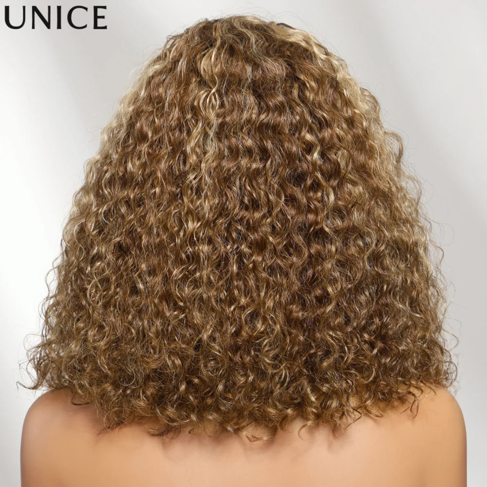 UNice 7x5 Bye Bye Slip™ Left Side Part Honey Blonde Highlight Water Wave Curly Bob Wig With Drawstring Glueless Human Hair Wigs