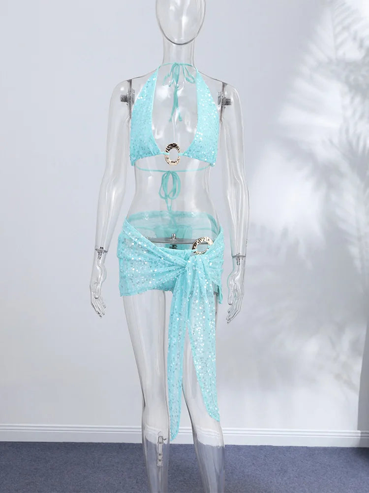 Women's Bikinis And Tankinis Beach Swimsuit Vacation Sparkly Sequin Set Halter 3-Piece Swimwear Summer Woman Clothes Pool Party