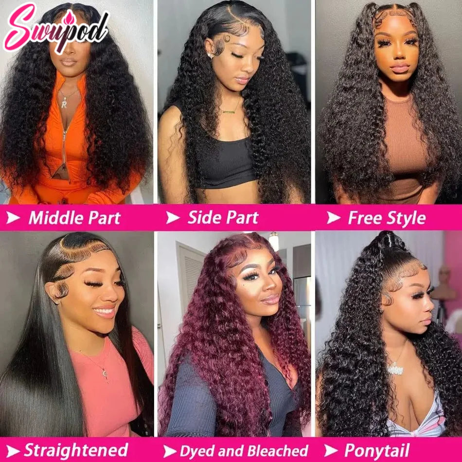 Swupod 200 Density 13x4 13x6 HD Transparent Swiss Deep Wave Lace Frontal Front Wig for Women Remy Human Hair Natural Black