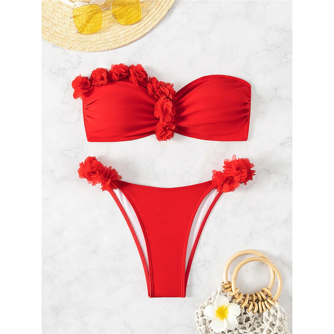 XS - L 3D Flowers Bandeau High Cut Bikini Women Swimwear Female Swimsuit Two-pieces Bikini set Bather Bathing Suit Swim V5961