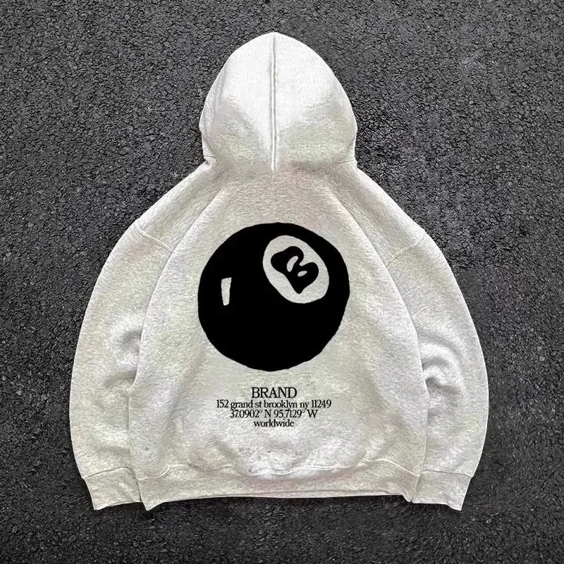 Retro 8-ball pattern hooded men's streetwear,oversized pullover, casual and fashionable sportswear, daily wear and hip-hop style