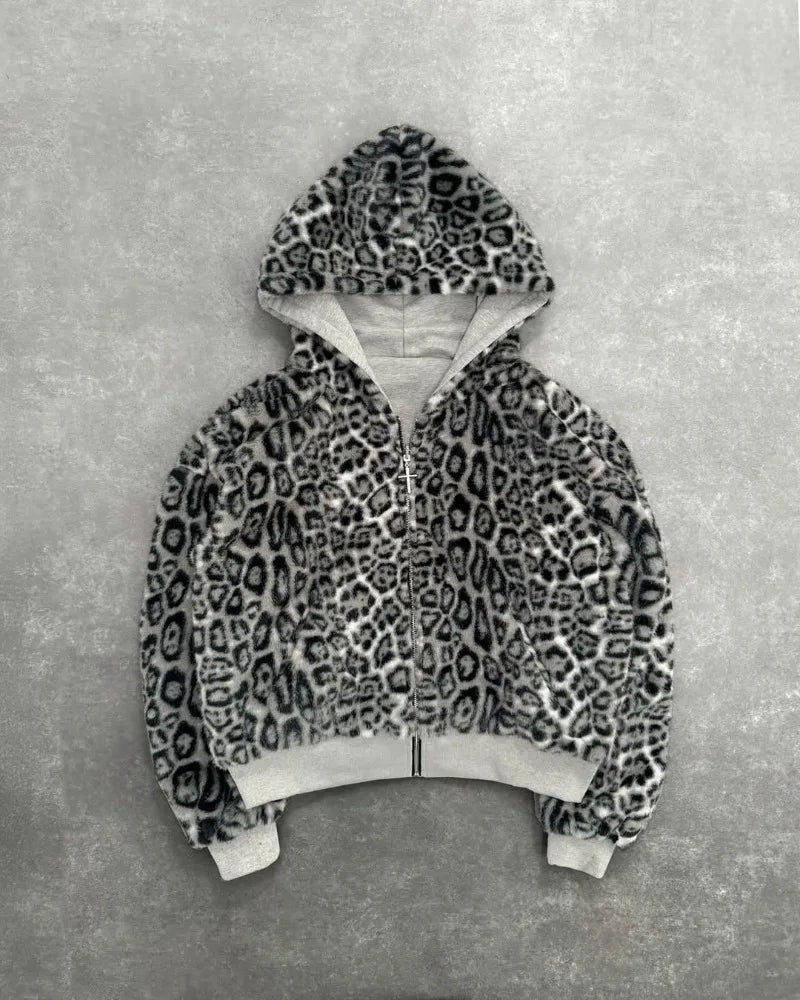 American New Retro Leopard Print Two-sided Fashion Zipper Hoodie Men Street Hip-hop Harajuku Y2K Casual Oversized Sweatshirt