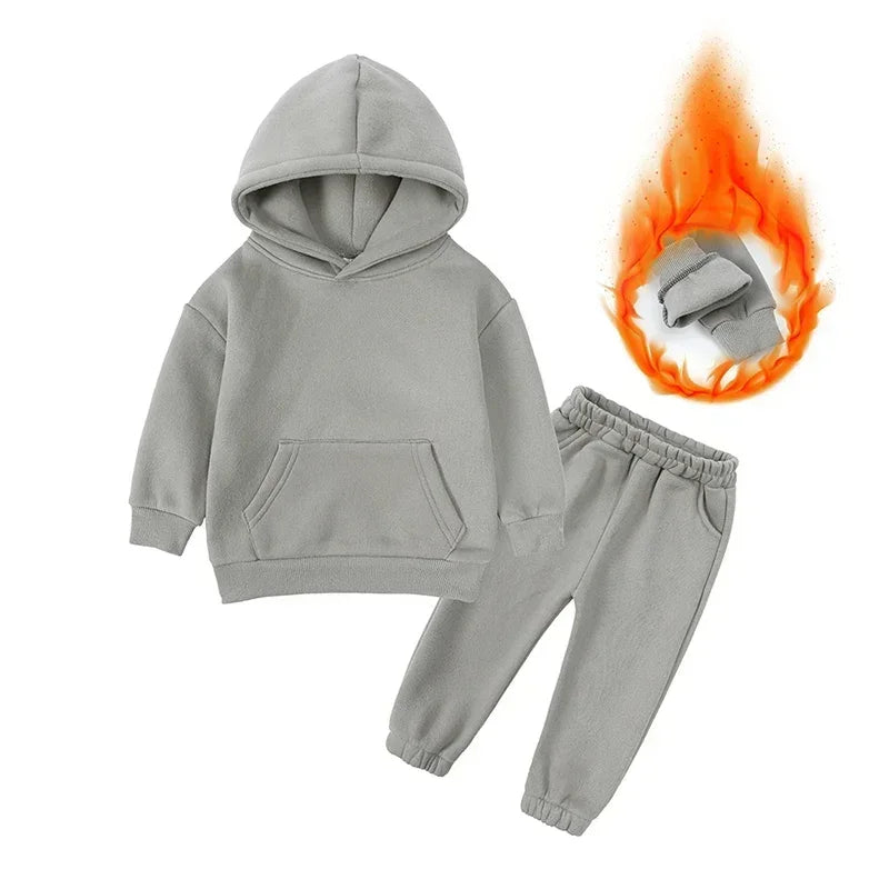 Children Fleece Winter Outfit Toddler Cotton Solid Hoodies Pullover Sweatshirt Pants Tracksuit Set Kids Boy Girl Warm Sweatsuits