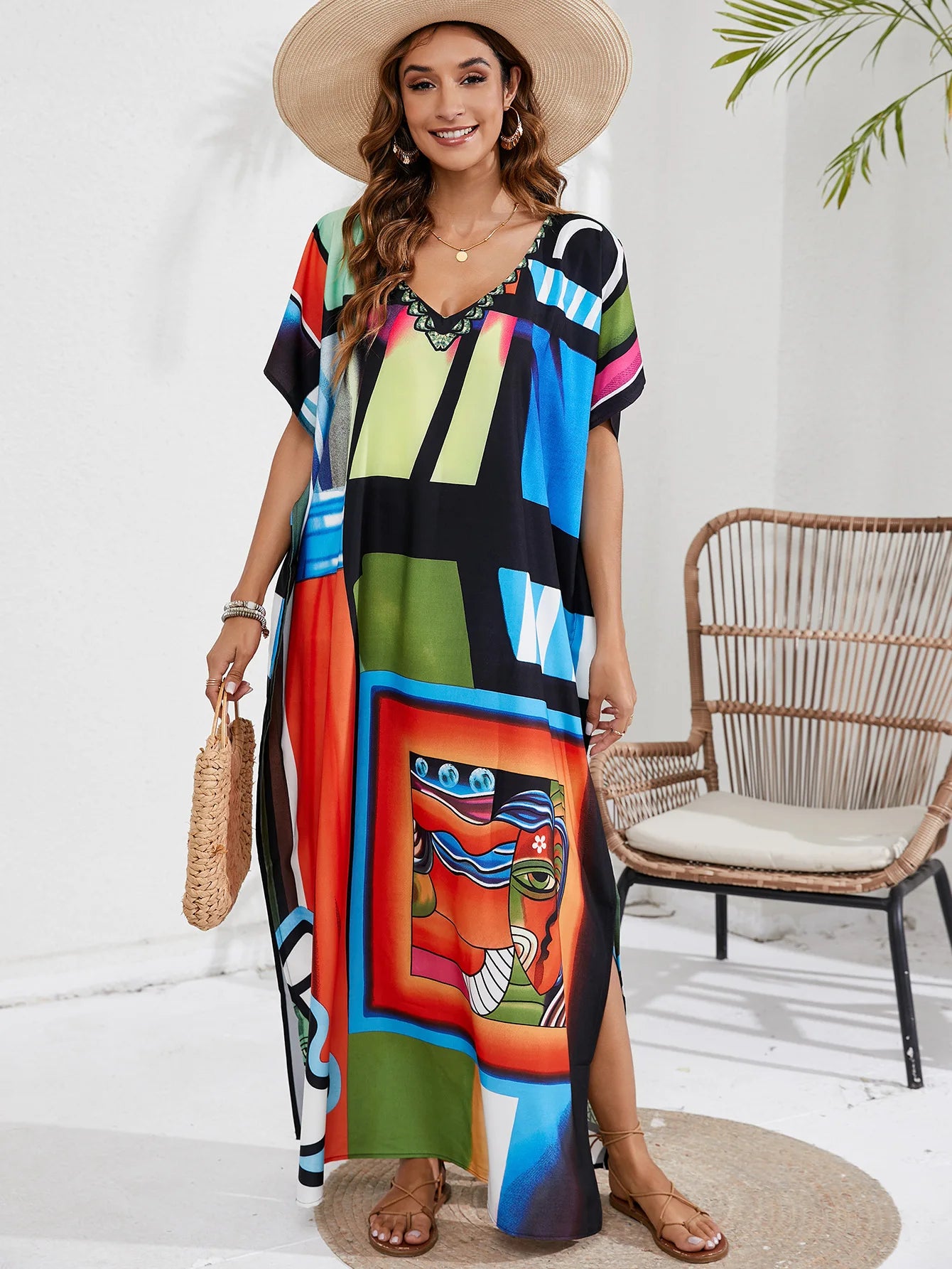 Kaftan Dresses for Women Plus Size Tie Dye Batwing Sleeve Caftans Swimsuit Coverup Maxi Dress Loungewear