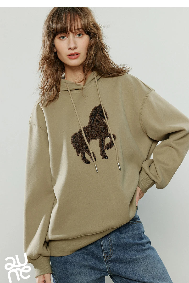 TOYOUTH Women Hoodies 2025 Winter New Loose Crew-neck Warm Applique Embroidery Tops
