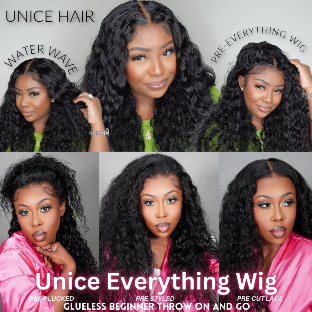 Unice Hair Drawstring Cap 7x5 & 13x4 Water Wave Human Hair Wig With Baby Hair Pre Cut Pre Bleached Pre Plucked Glueless Wigs