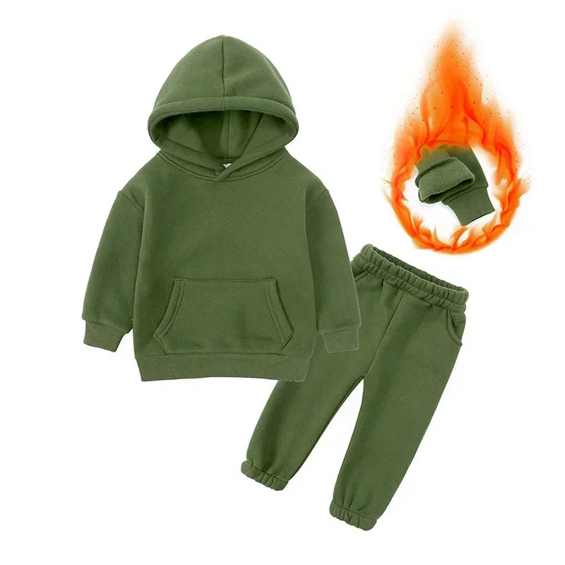 Children Fleece Winter Outfit Toddler Cotton Solid Hoodies Pullover Sweatshirt Pants Tracksuit Set Kids Boy Girl Warm Sweatsuits