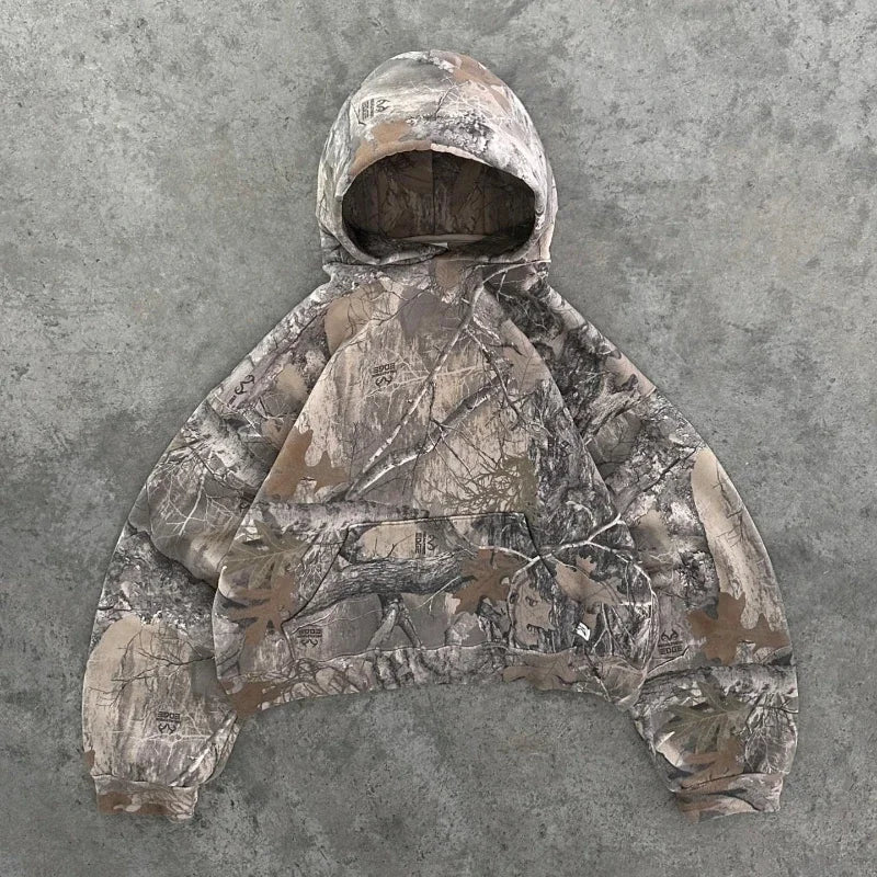 Y2K Retro Zip Up Hoodie Men Camouflage Pattern Zipper Sweatshirt High Street Hip Hop Streetwear Oversized Unisex Camo Hoodie