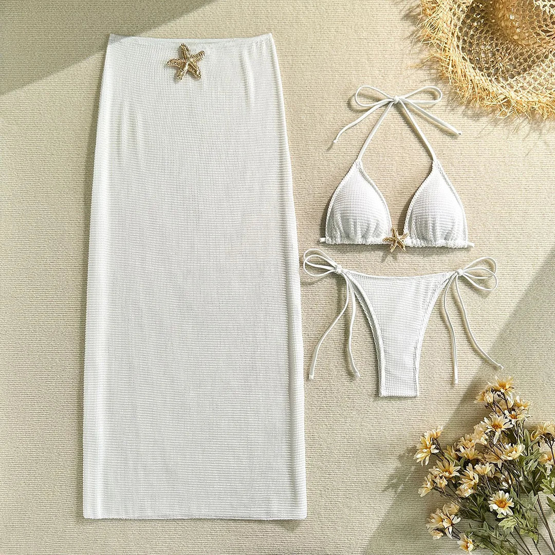Metal Star Halter With Skirt Bikini Female Swimsuit Women Swimwear Three-pieces Bikini set Padded Bather Bathing Suit Swim V6740