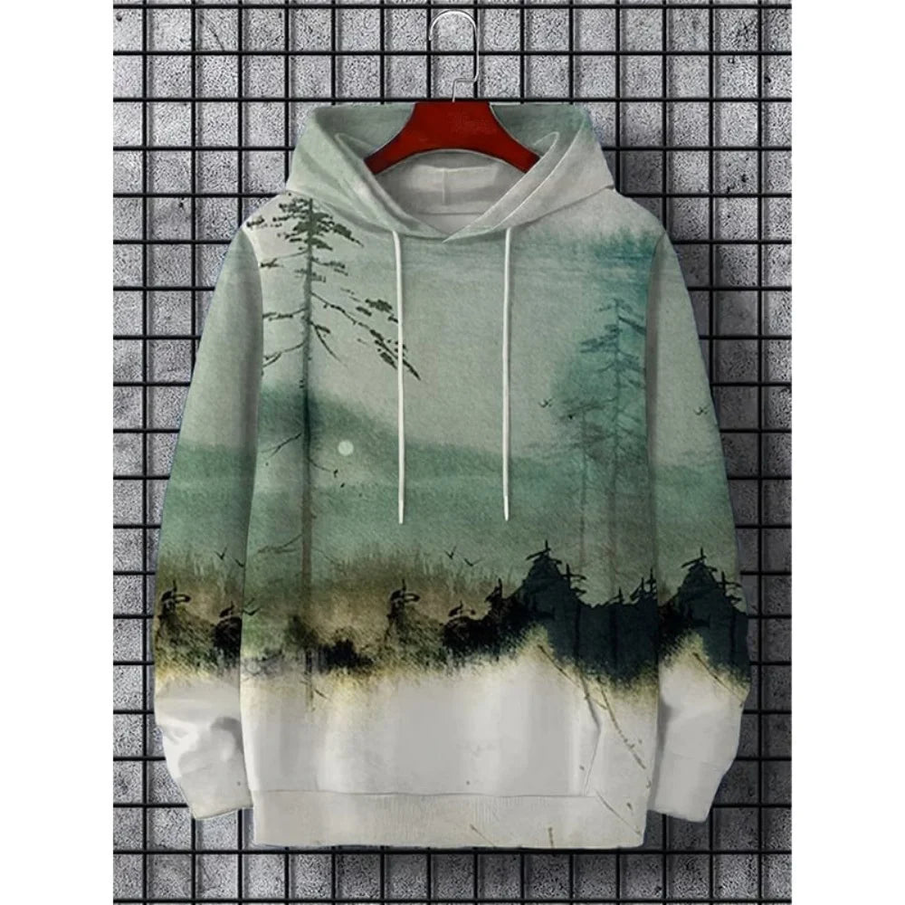 Japanese Harajuku 3D Printed Hoodies For Men Mountain Cat Tentacle Graphic Pullover Sweatshirts Casual Loose Hooded Long Sleeves