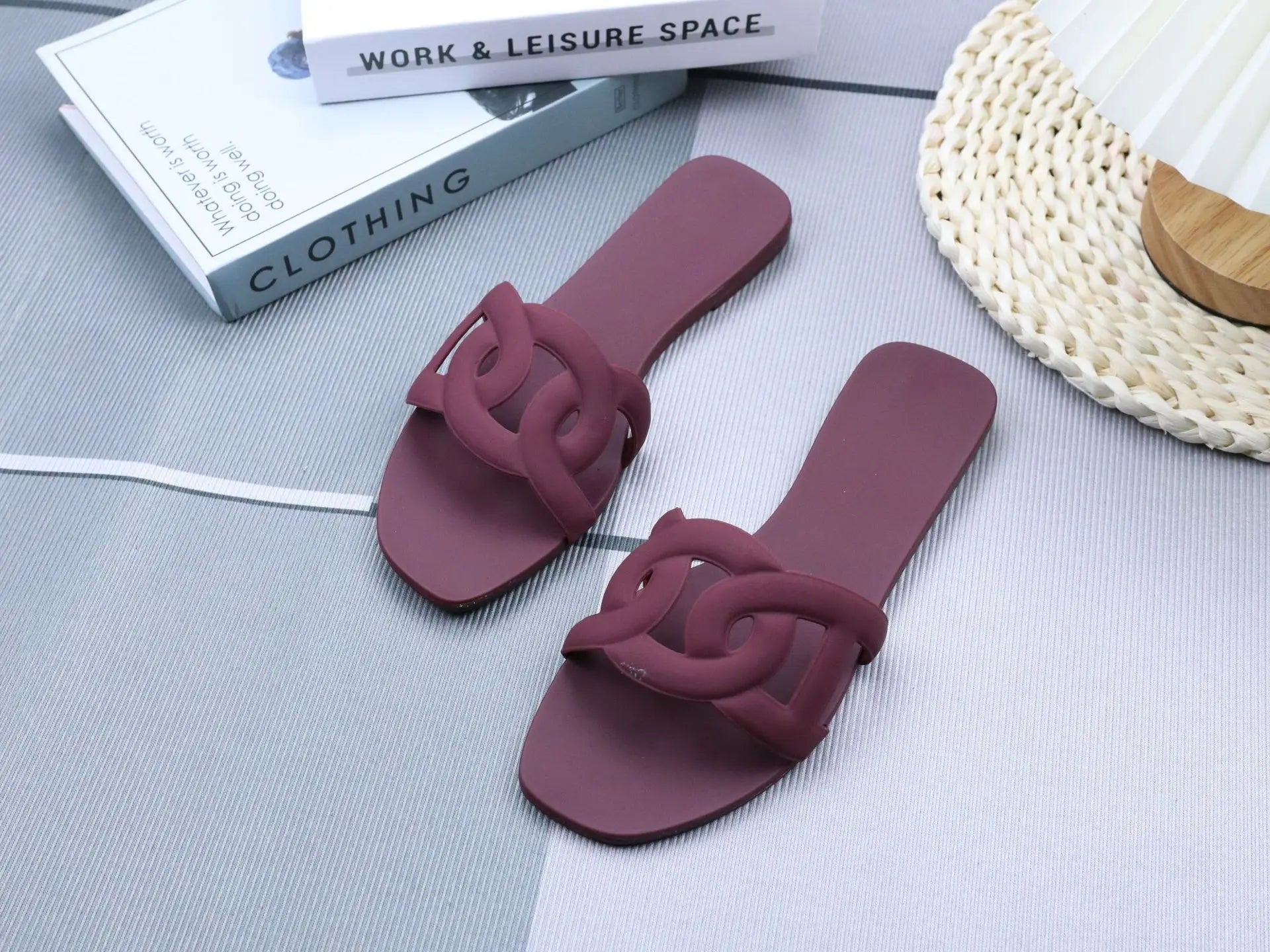 Summer women's one-word sandals daily leisure shopping beach wear flat shoes versatile solid color hollow