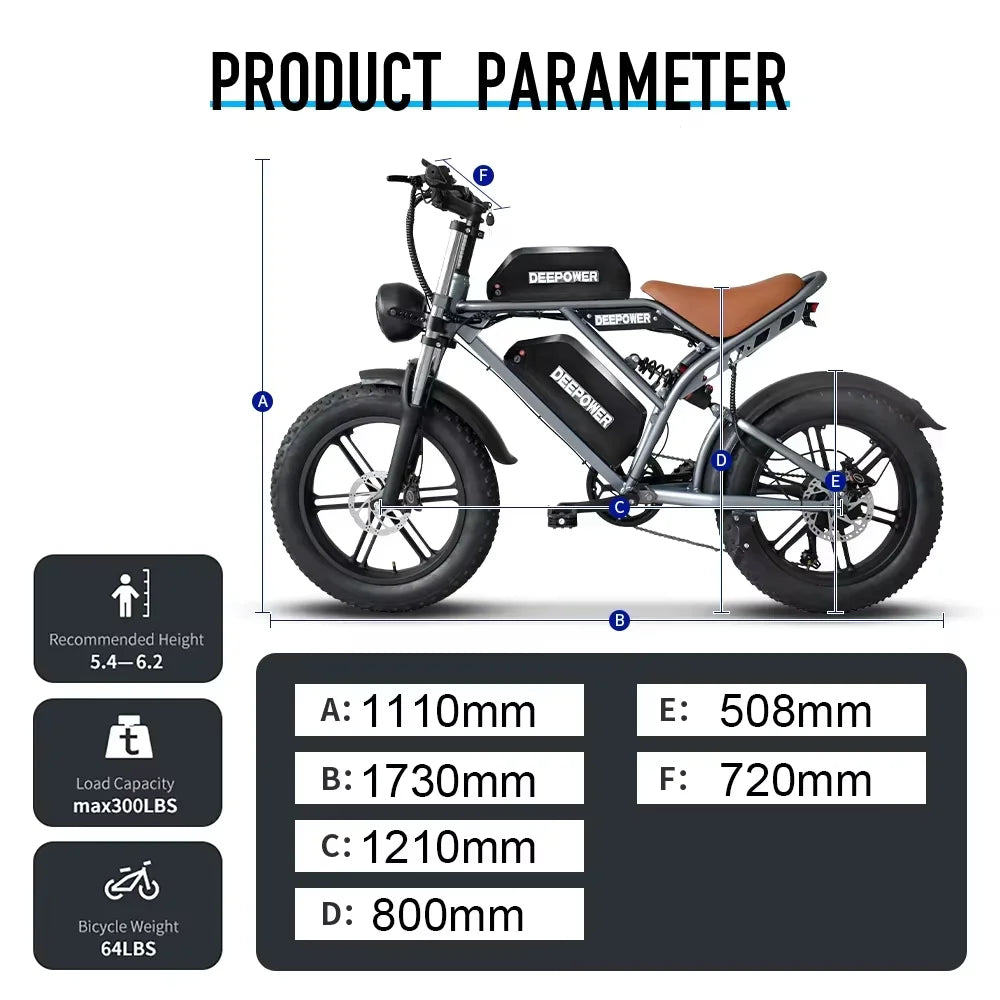Deepower Electric Bike QS7 1000W 48V 60AH 20 Inch Fat Tire Ebike for Adults Mountain Off-Road Dual Batteries Electric Bicycle