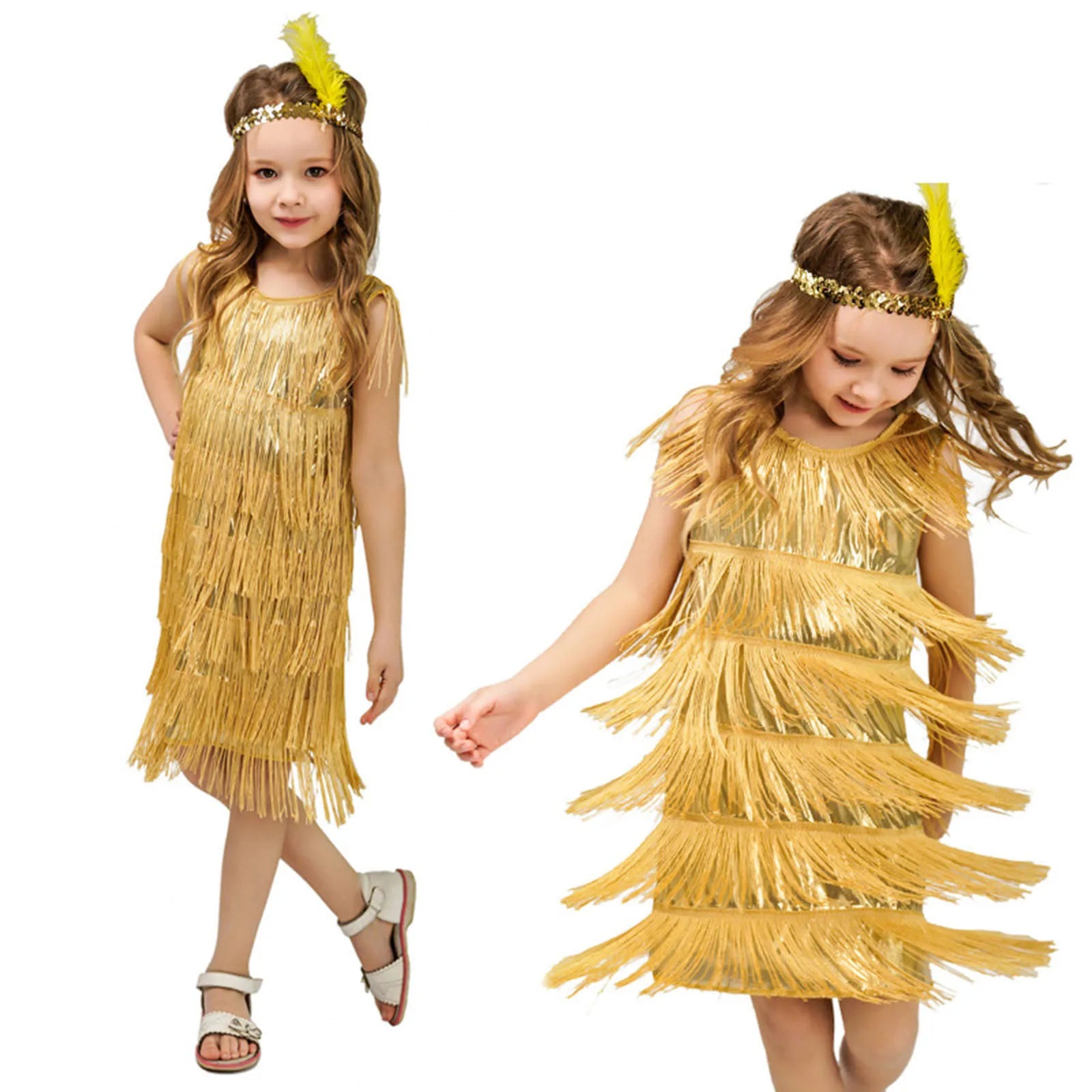 Summer Clothes Fashion Girls Flapper Dress Sequins Fringe Latin Dance Dress Tassel Tango Dress Ballroom Children's Fashion Dress