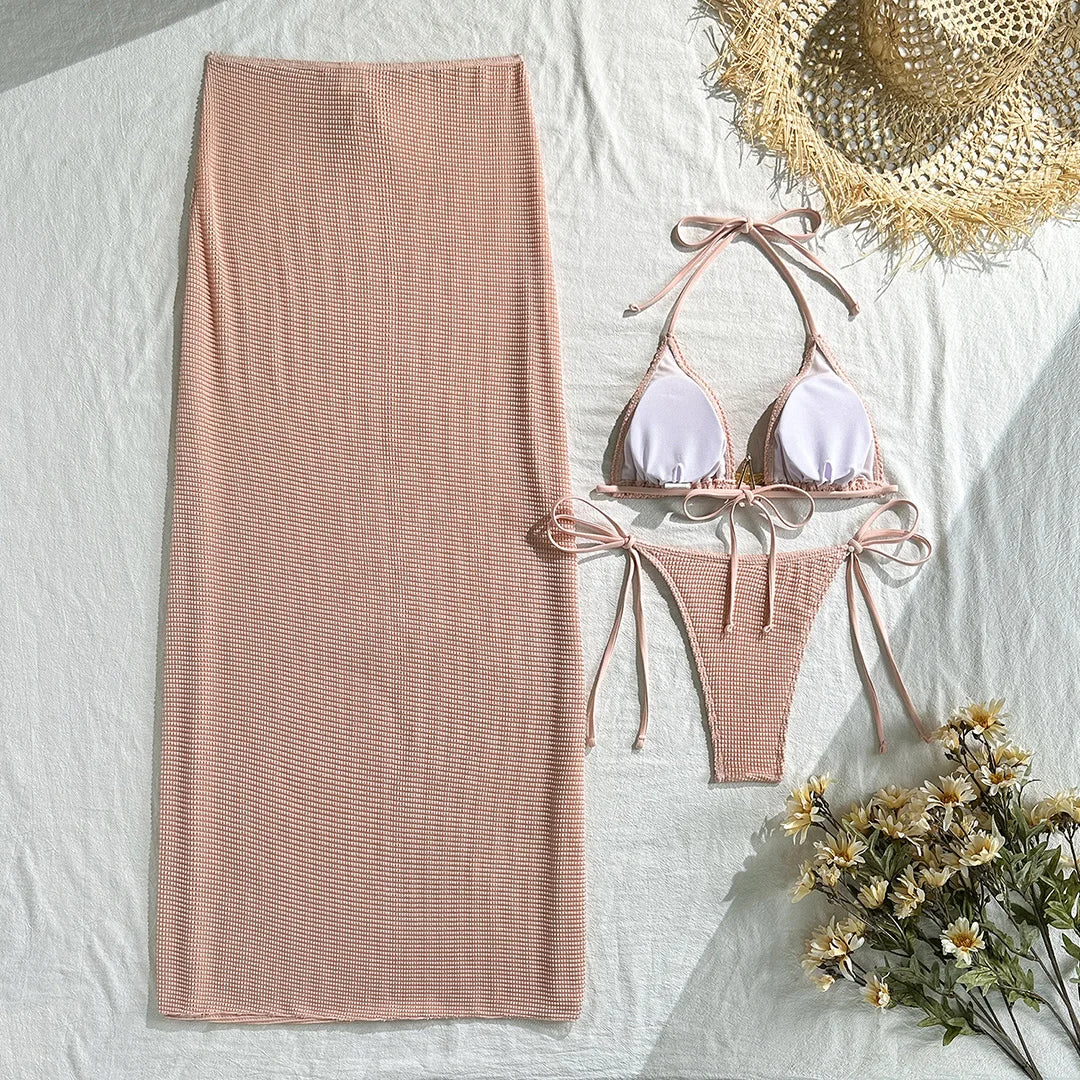 Metal Star Halter With Skirt Bikini Female Swimsuit Women Swimwear Three-pieces Bikini set Padded Bather Bathing Suit Swim V6740