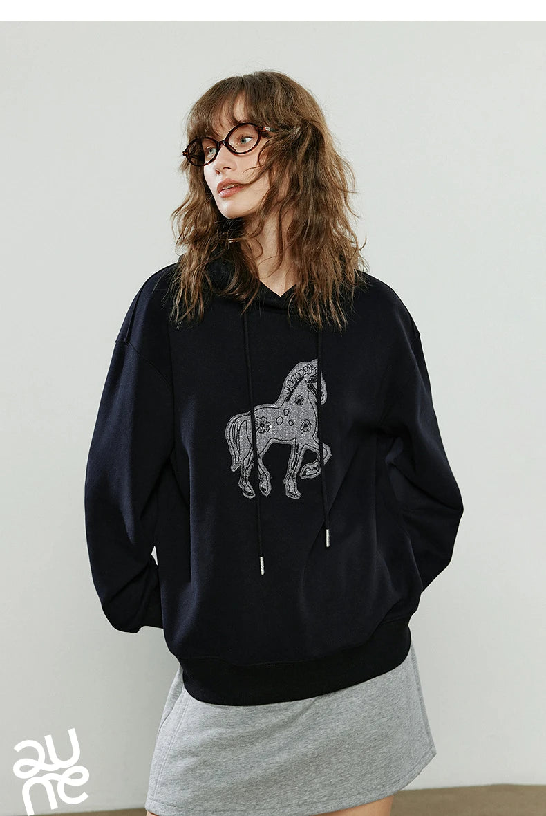 TOYOUTH Women Hoodies 2025 Winter New Loose Crew-neck Warm Applique Embroidery Tops