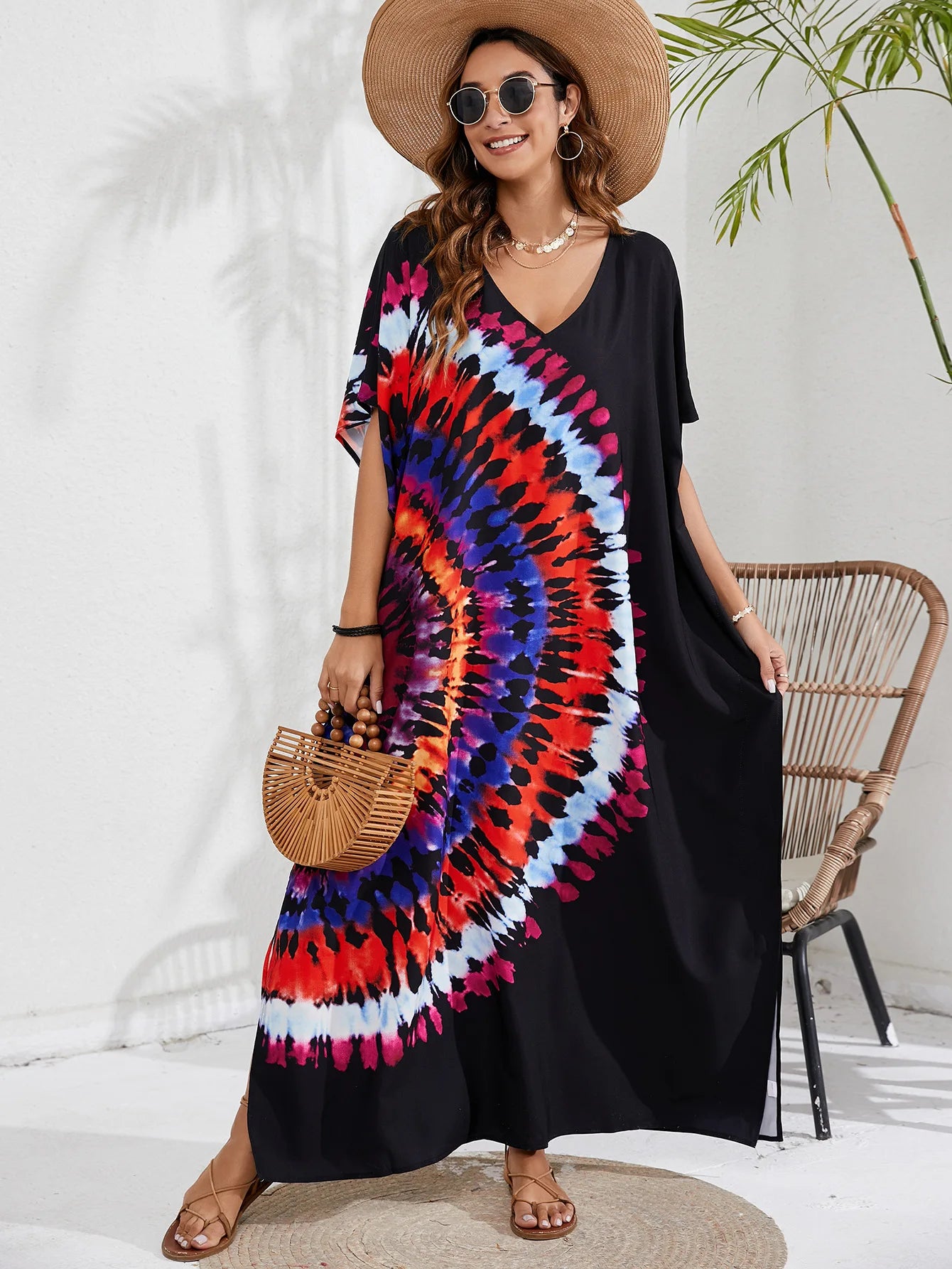 Kaftan Dresses for Women Plus Size Tie Dye Batwing Sleeve Caftans Swimsuit Coverup Maxi Dress Loungewear