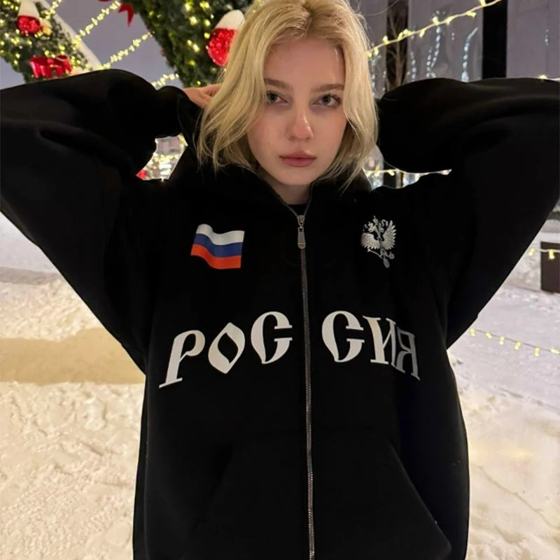 Y2K Clothes Men's Hip Hop Autumn Russia Hot Sale Vintage Double Zip Hoodies Lettering Graphic Hoodies Sweatshirts Casual Jacket