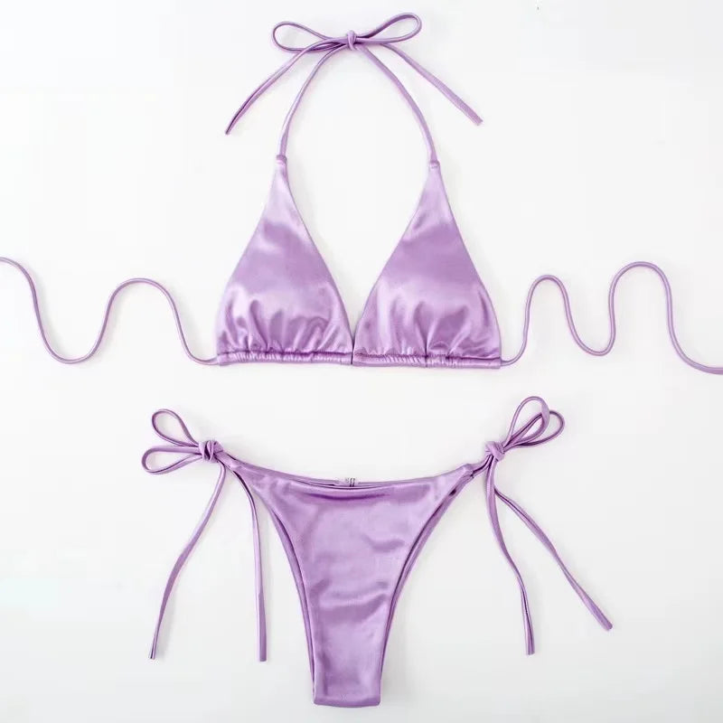 Sexy Women's Metallic Halter Top Two Piece Swimsuit Tie Side Triangle Bikini Summer Solid Bathing Suit Beachwear Bikini Set