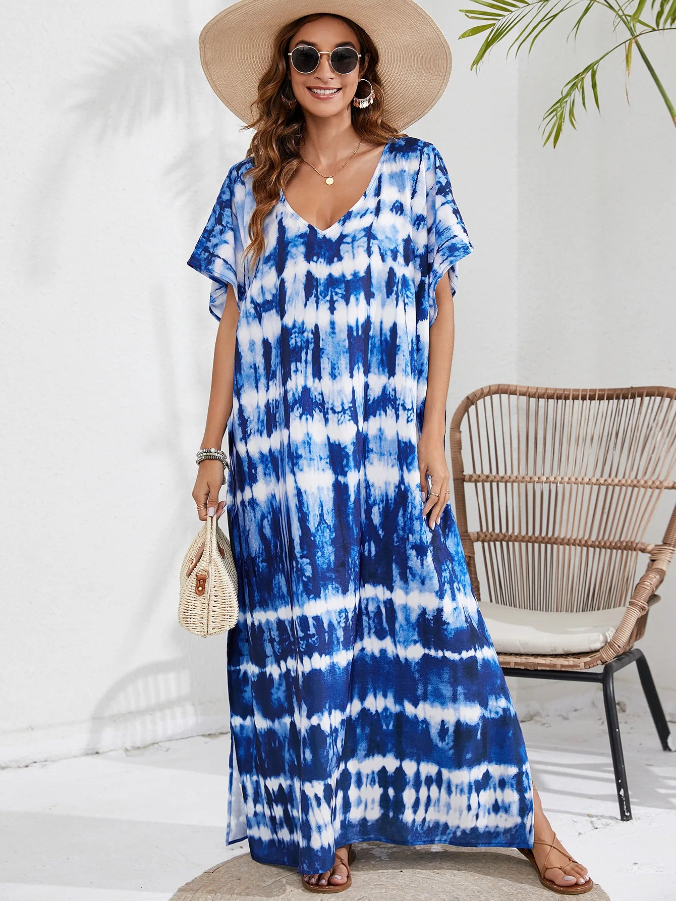 Kaftan Dresses for Women Plus Size Tie Dye Batwing Sleeve Caftans Swimsuit Coverup Maxi Dress Loungewear