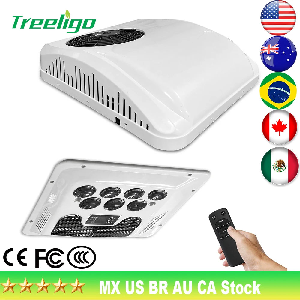 Treeligo 12V/24V 13500BTU Roof Air Conditioner Electric Cool RV Rooftop Parking AC Unit for Truck Camper Van Caravans Motor home