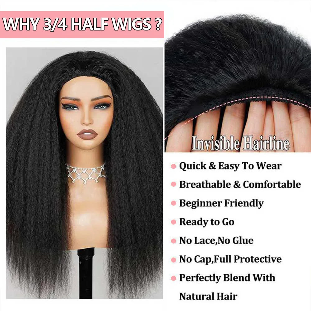 Kinky Straight Glueless Wigs Adjustable Drawstring 3 IN 1 Half Wigs Human Hair 250% Snug Fit No Leave Out Clip-in Yaki Wave Wigs