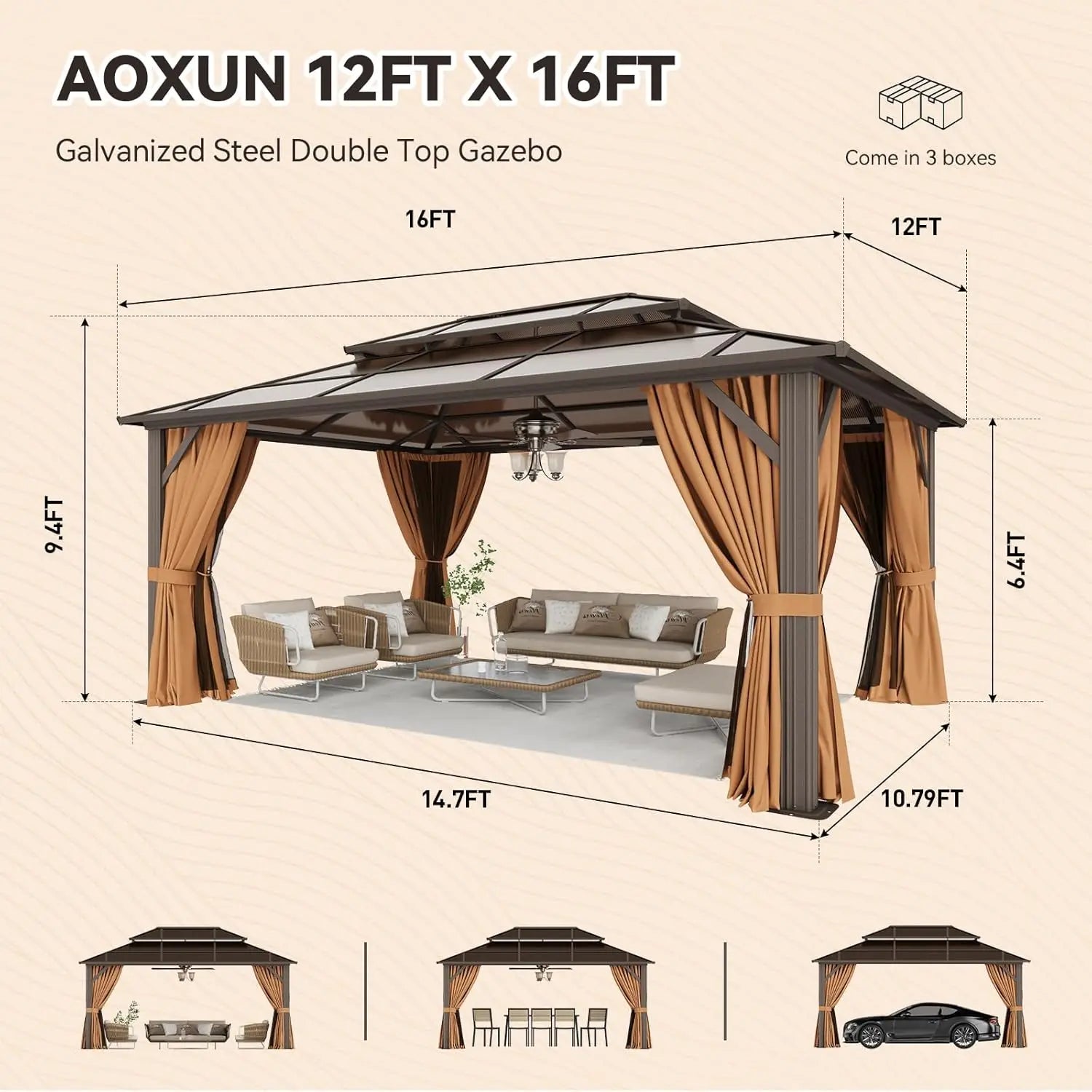 12'x16' Hardtop Gazebo, Outdoor Metal Gazebo with Double Polycarbonate Roof Canopy, Permanent Pavilion with Netting, Customized