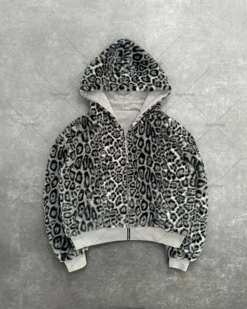American New Retro Leopard Print Two-sided Fashion Zipper Hoodie Men Street Hip-hop Harajuku Y2K Casual Oversized Sweatshirt
