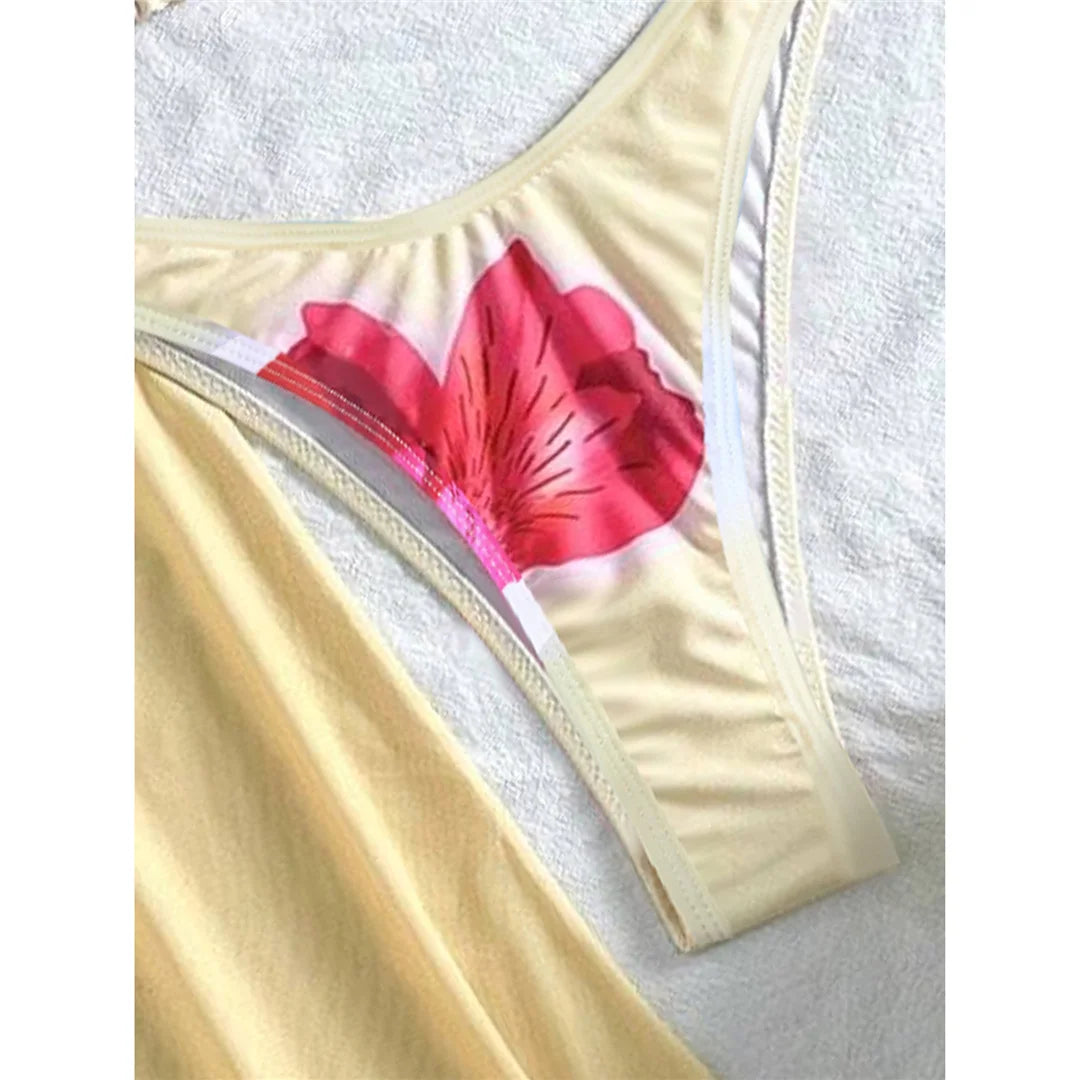 XS - L With Cover Up Flowers Halter Bikini Female Swimsuit Women Swimwear Three-pieces Bikini set Bather Bathing Suit Swim K6800